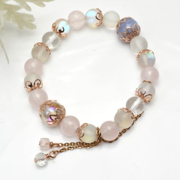 画像5: パワーストーン チェーンチャームが可愛い 天然石ブレスレット アクアオーラ ブルーレース ローズクォーツ 水晶 選べる エンド 誕生石 アクアマリン 水晶 エメラルド / オプションで刻印できるプレート付誕生石チャーム / レディース MAHALO【M_08】