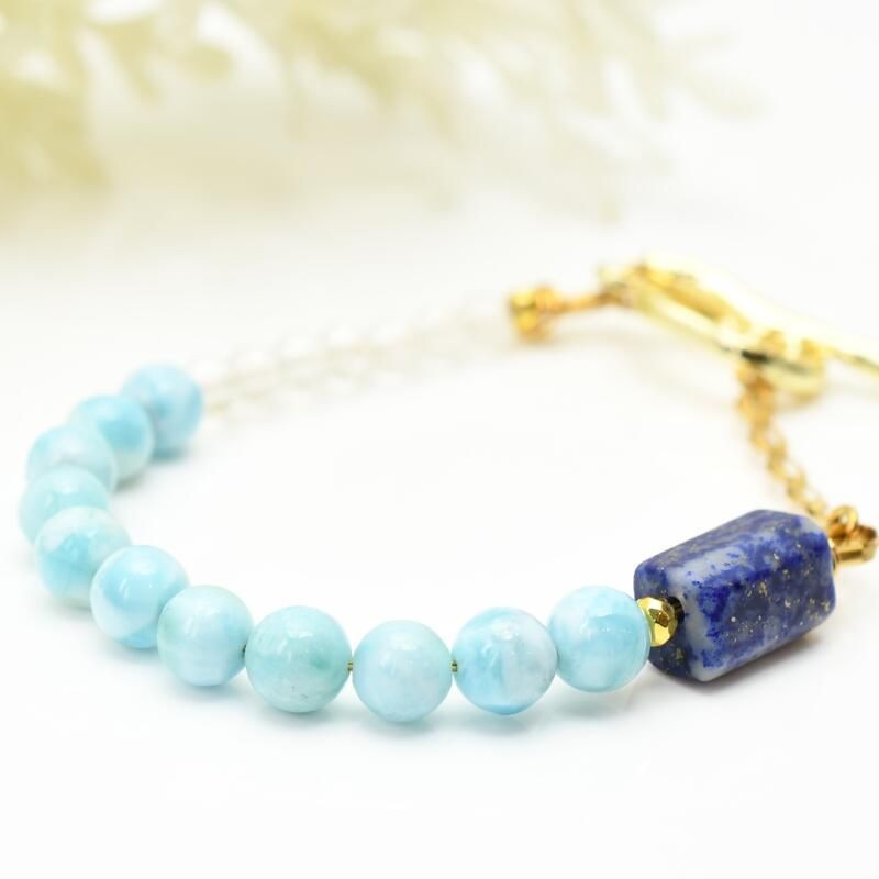 パワーストーン 天然石 1点物 ラピスラズ &ラリマー & カット水晶 プレート付パーツ選べる 誕生石 birthstone 守護石カラー 宝石質 刻印できるプレート /ギフト用 MAHALO【M_05】 / ジーラブ