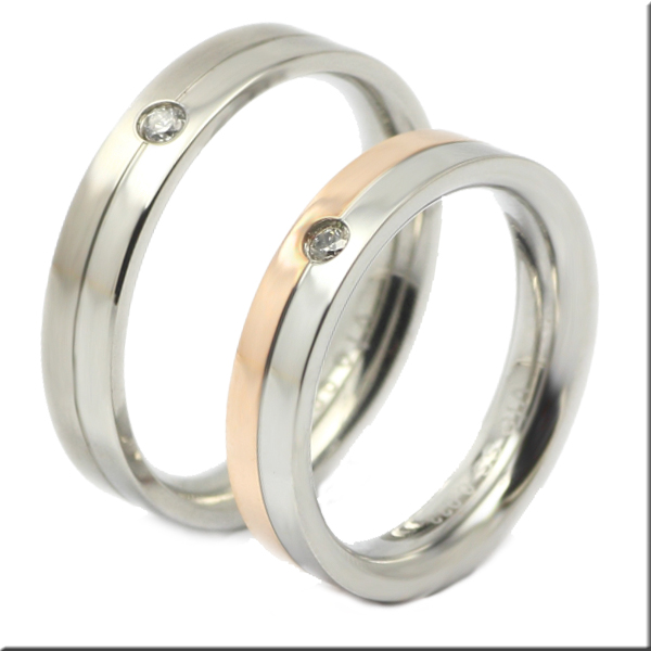ツートンペアリング ピンクゴールド＆シルバーステンレスリング 天然ダイヤモンド0.033ct マリッジリング結婚指輪 Vie
